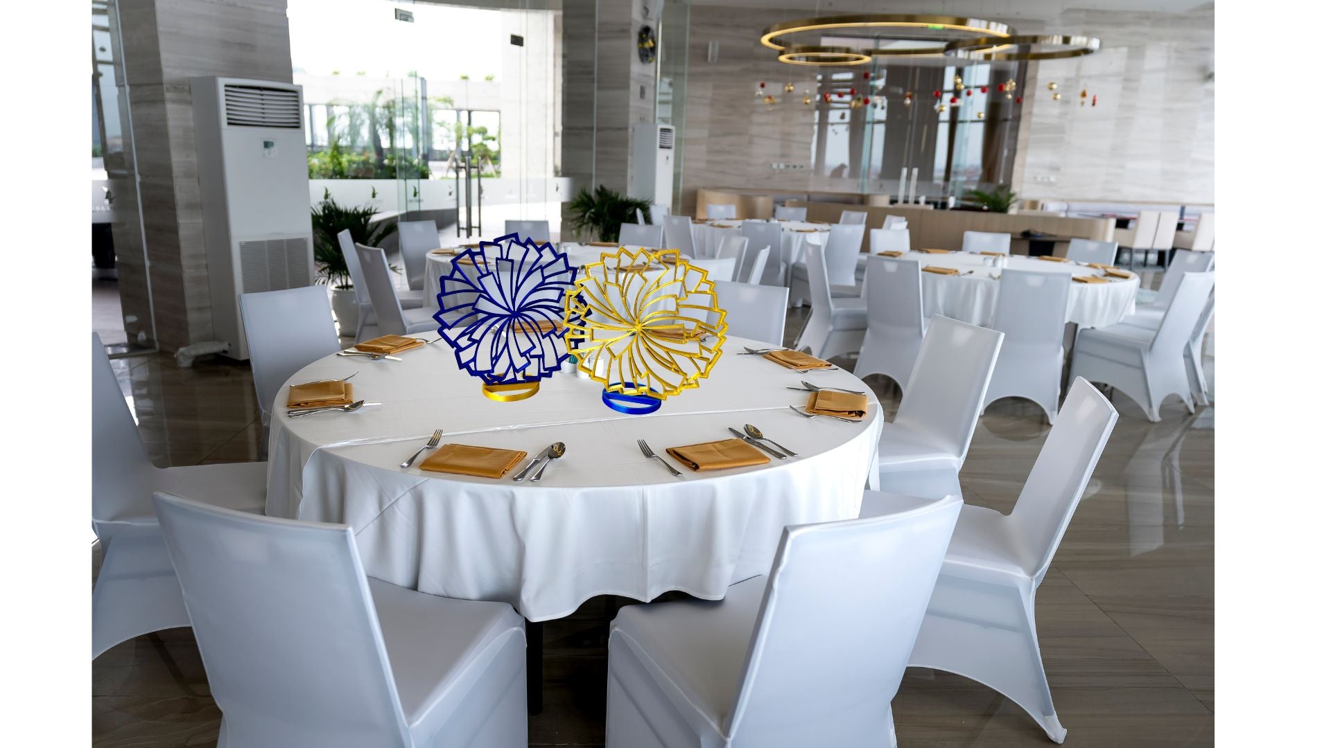 Royal Blue and Gold Cheerleader Pom Pom Banquet Centerpiece