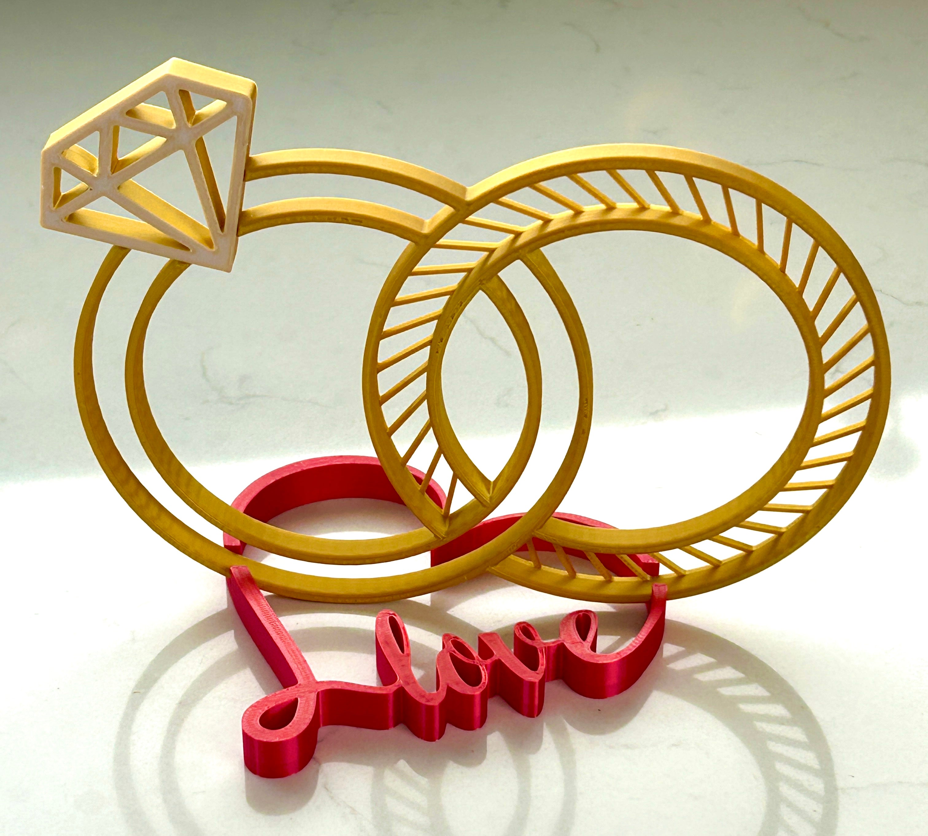 Golden Wedding Rings Centerpiece: LOVE Heart Base, Bridal Shower Decor