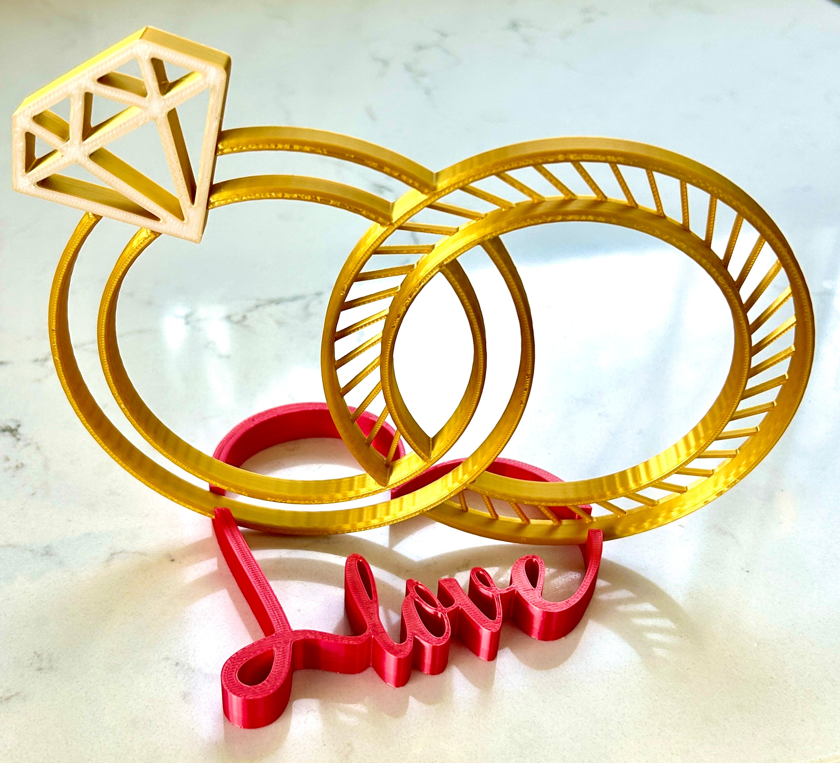 Golden Wedding Rings Centerpiece: LOVE Heart Base, Bridal Shower Decor