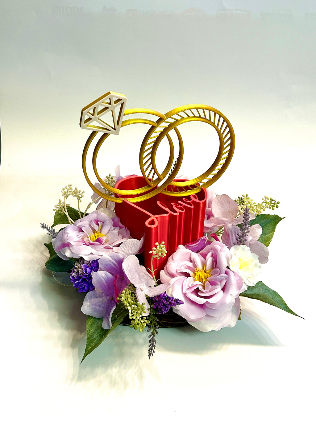 Golden Wedding Rings Centerpiece: LOVE Heart Base, Bridal Shower Decor