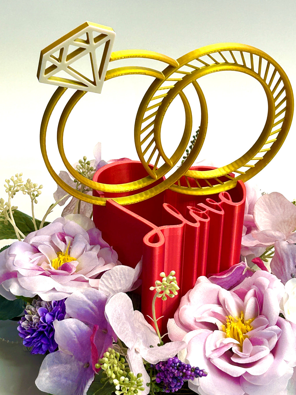 Golden Wedding Rings Centerpiece: LOVE Heart Base, Bridal Shower Decor