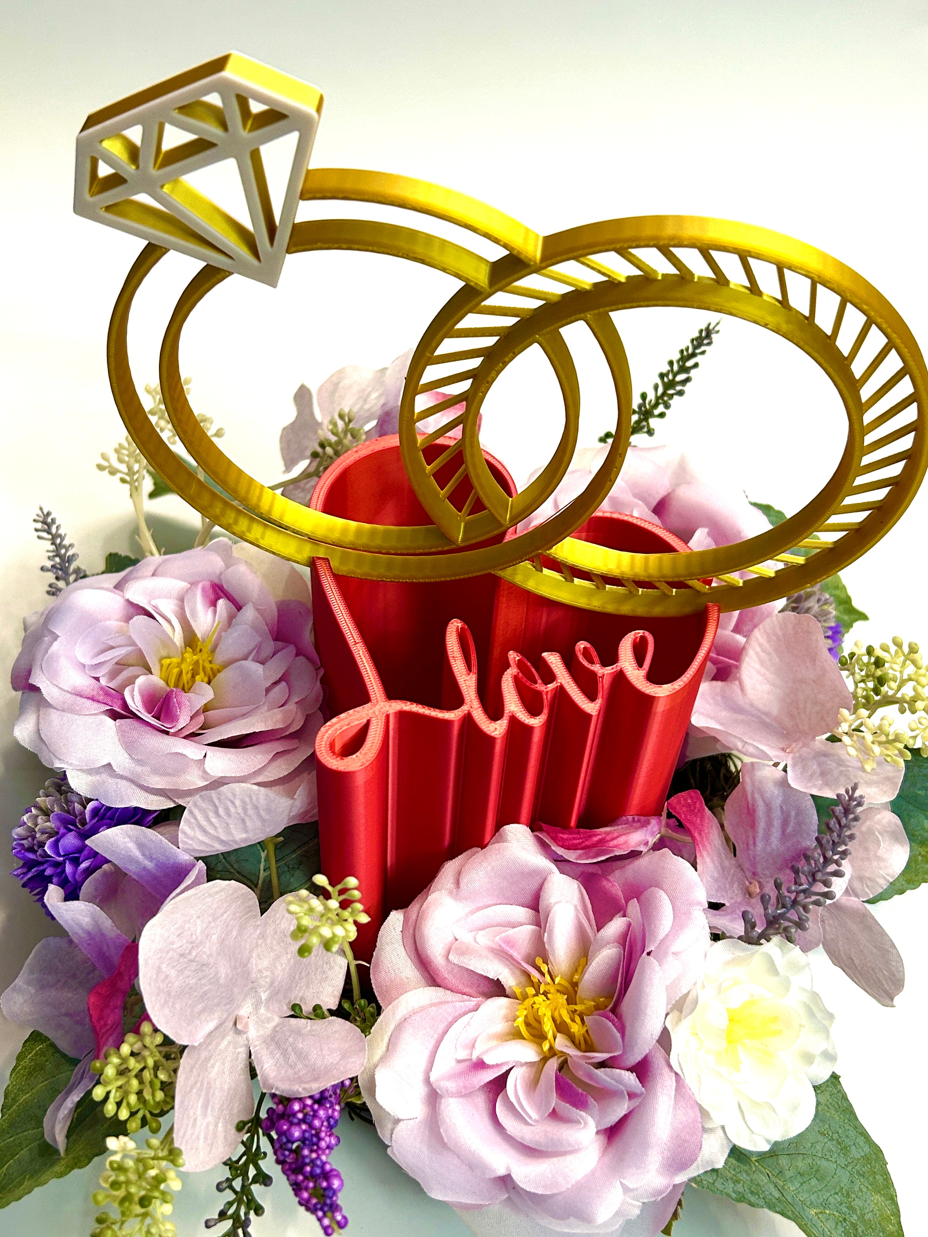 Golden Wedding Rings Centerpiece: LOVE Heart Base, Bridal Shower Decor