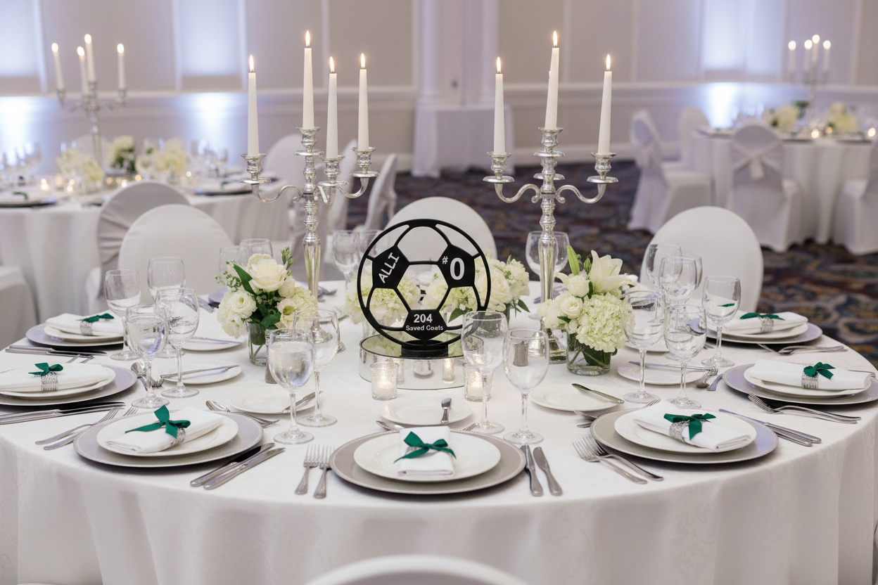 Bright soccer banquet table with Alli's soccer ball centerpiece