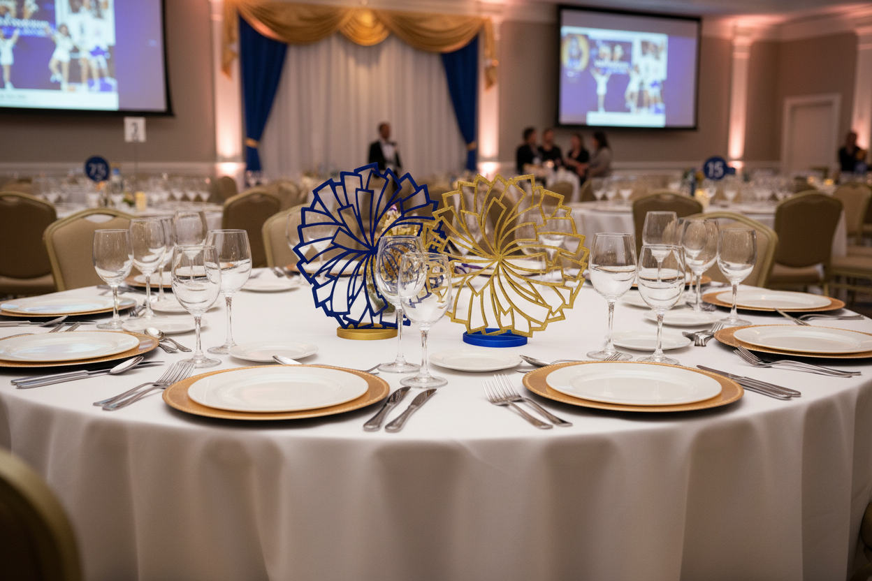 Cheerleader pom pom centerpieces on banquet table