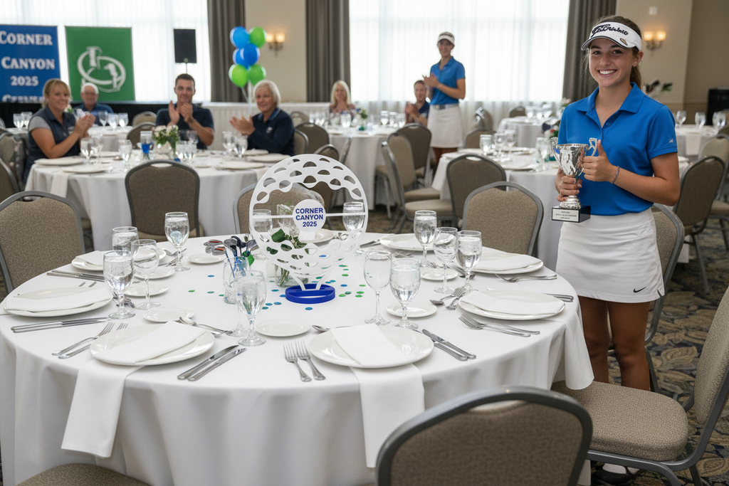 CORNER CANYON golf centerpiece with girl golfer celebrating