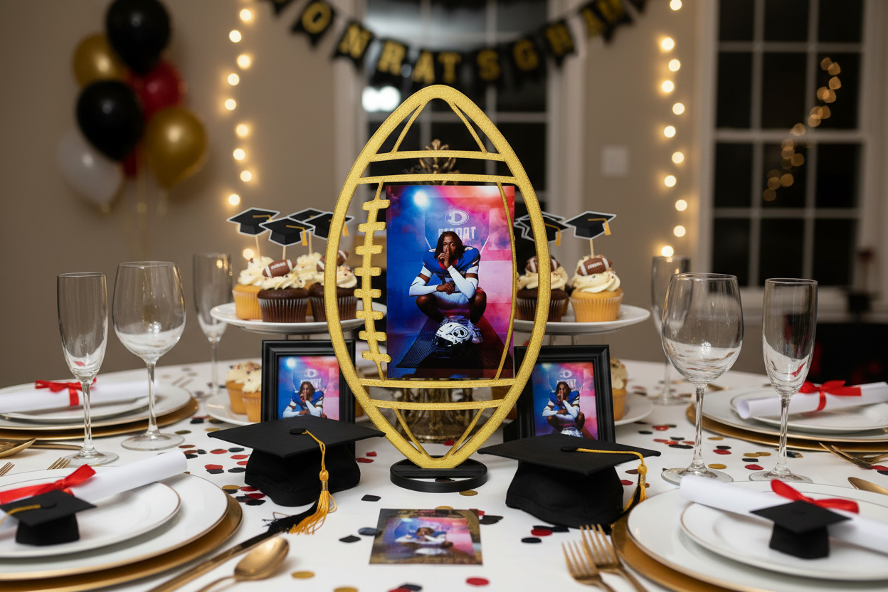 Football Graduation Centerpiece on Table