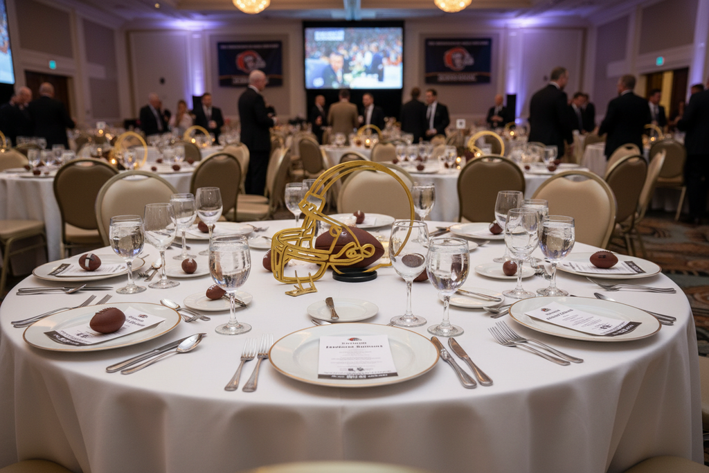Football helmet centerpiece on banquet table - realistic size