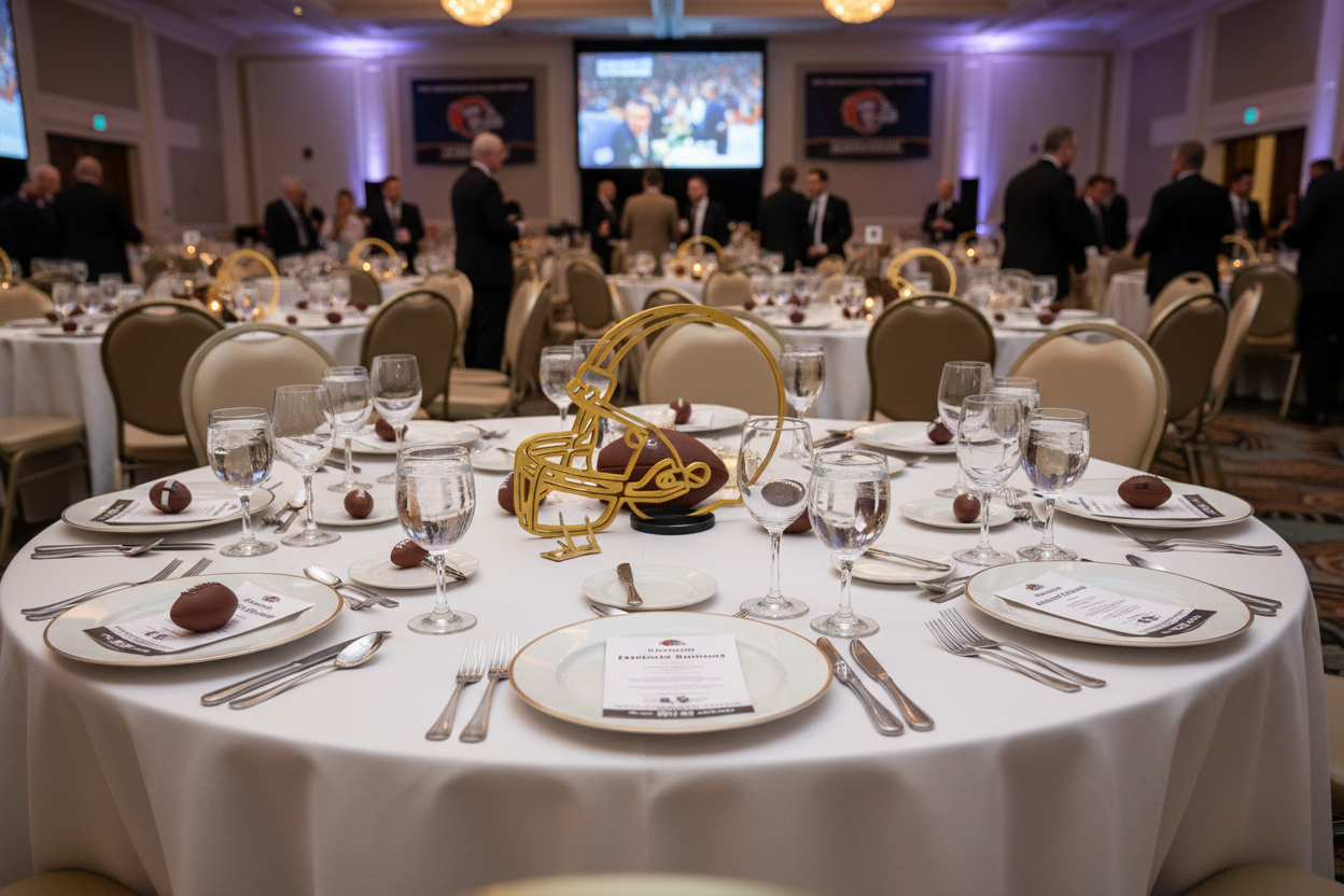 Football helmet centerpiece on banquet table - realistic size