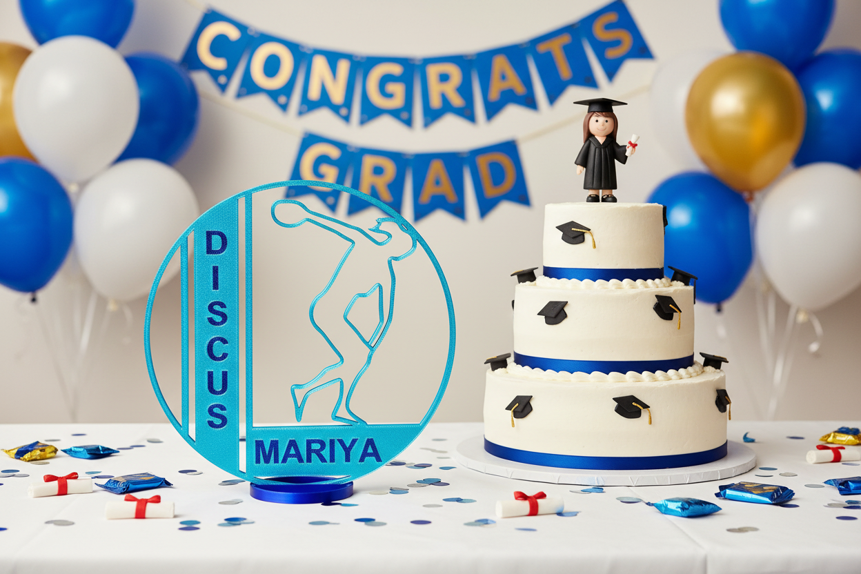 Girl discus centerpiece at graduation party