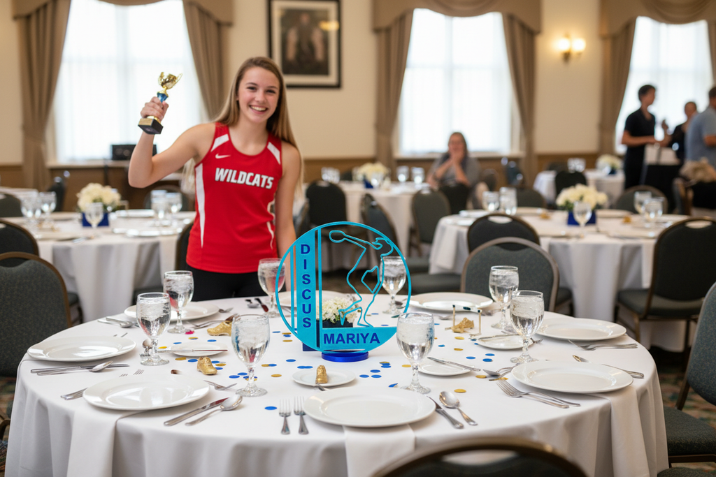 Girl discus centerpiece banquet ad