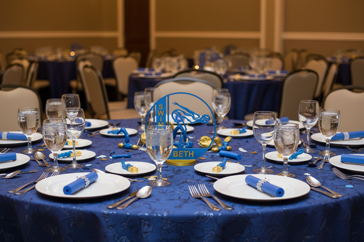 Girl swimmer award on banquet table - colored tablecloth