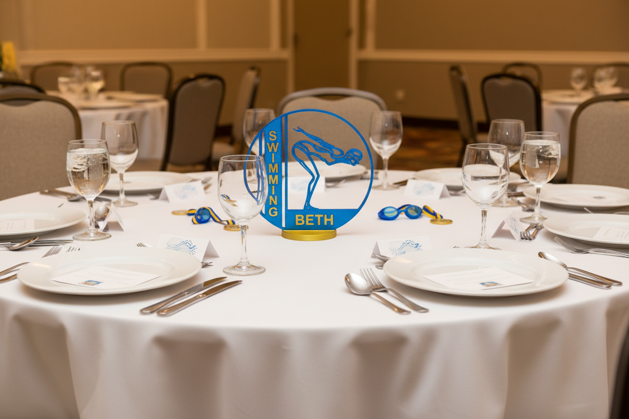 Girl swimmer award on banquet table
