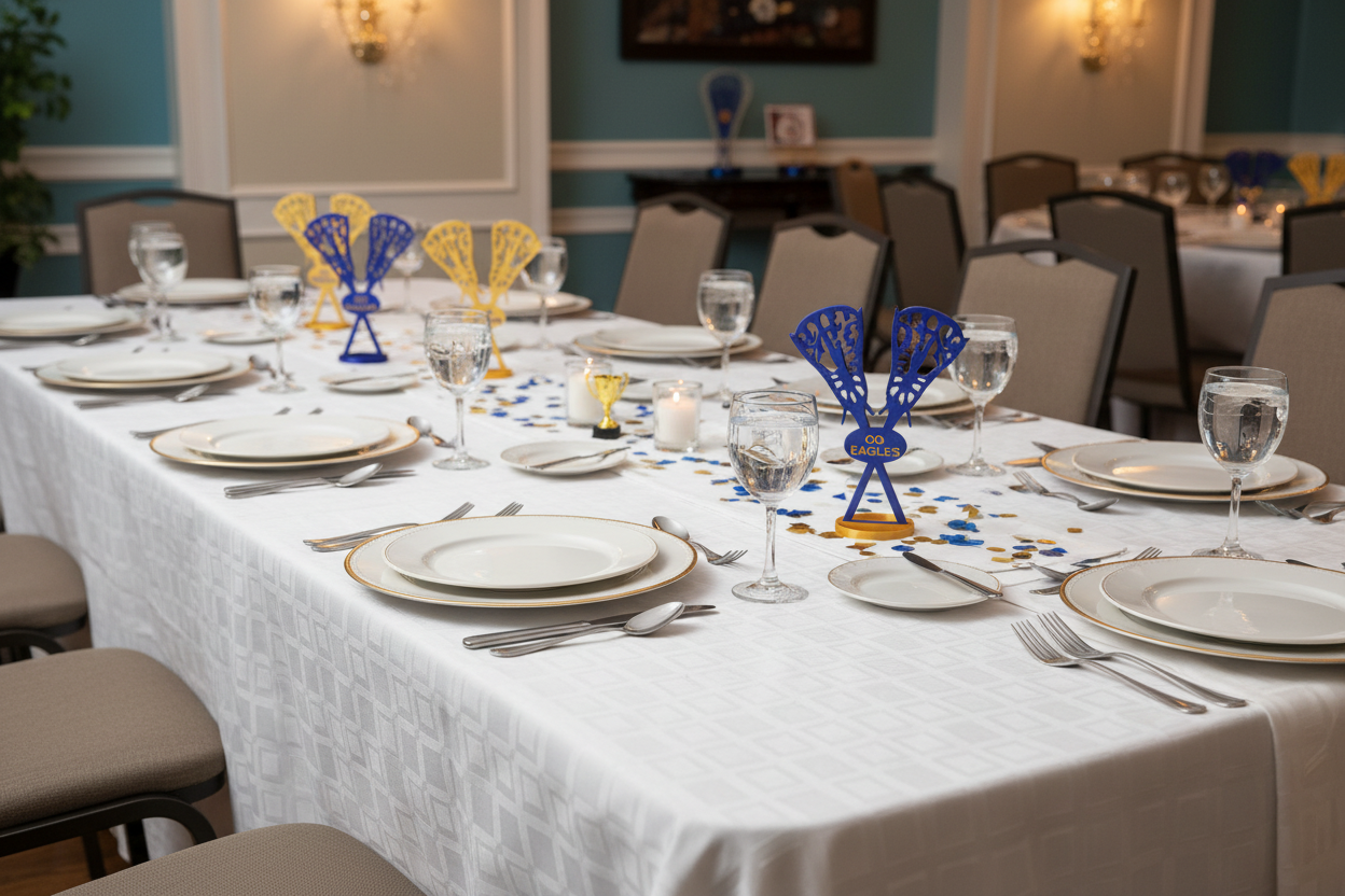 Personalized lacrosse sticks on banquet table