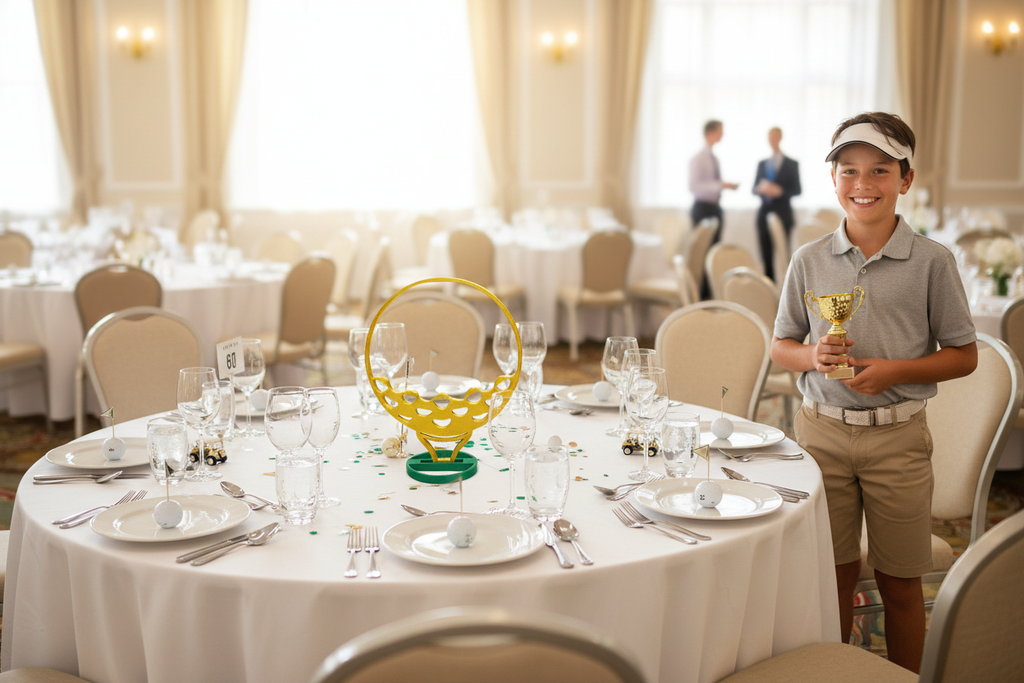Gold golf ball centerpiece with young golfer celebrating