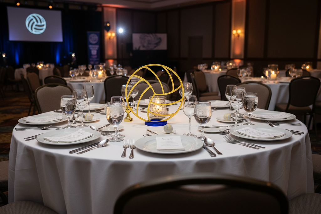 Gold volleyball centerpiece on banquet table