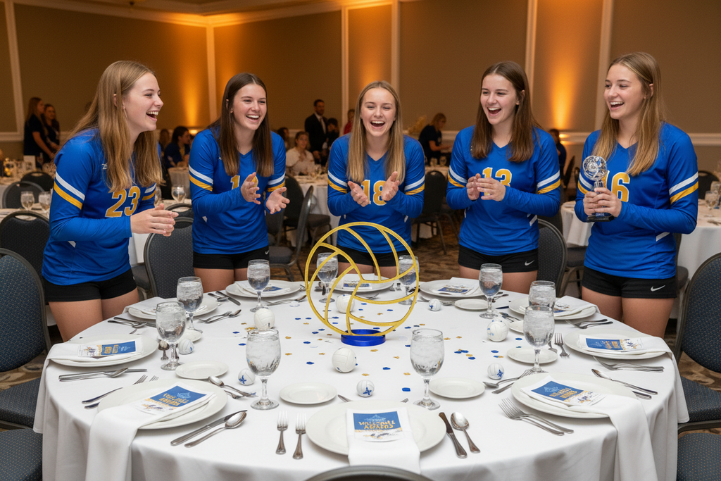 Gold volleyball centerpiece with celebrating volleyball players