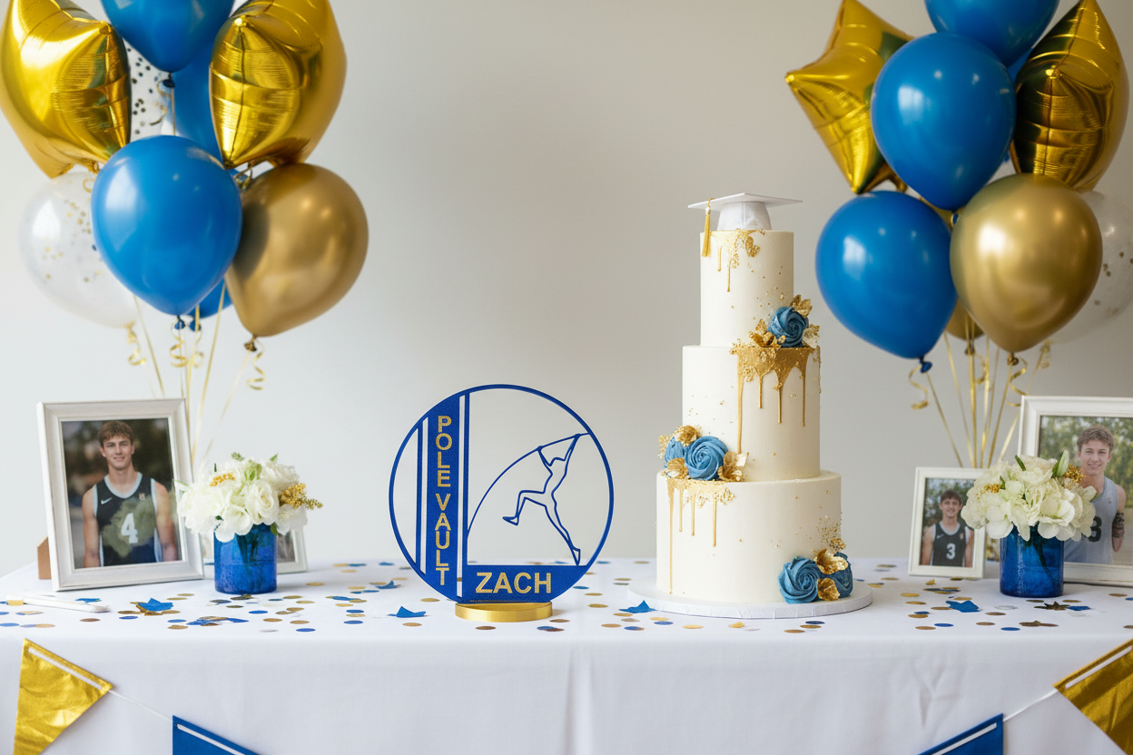 Graduation party cake table blue and gold with javelin award