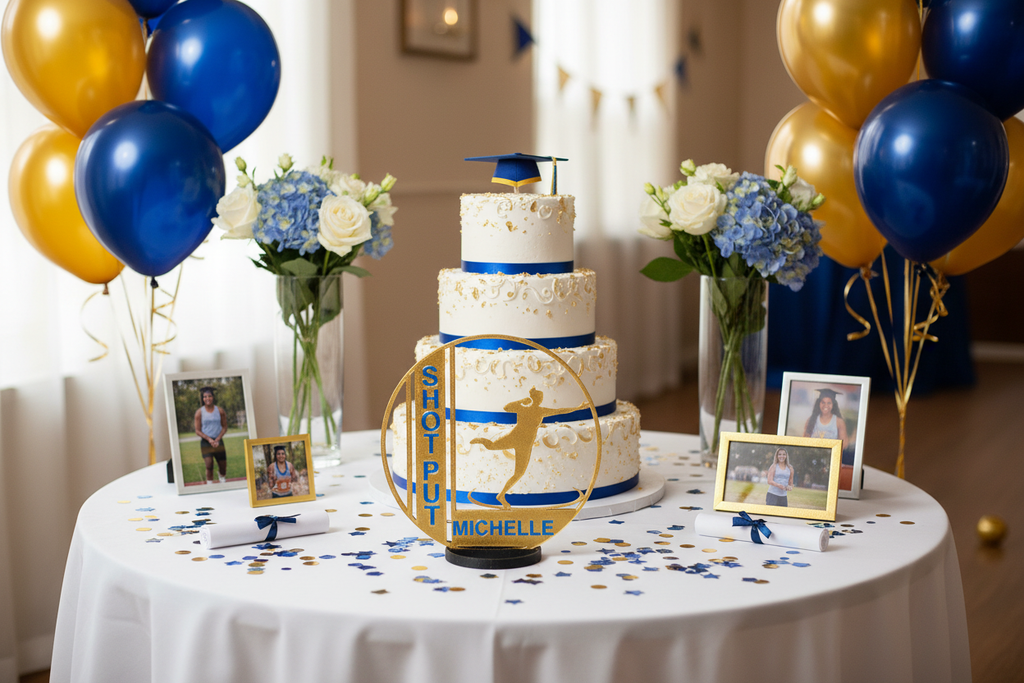 Graduation party cake table blue and gold with Michelle shot put award