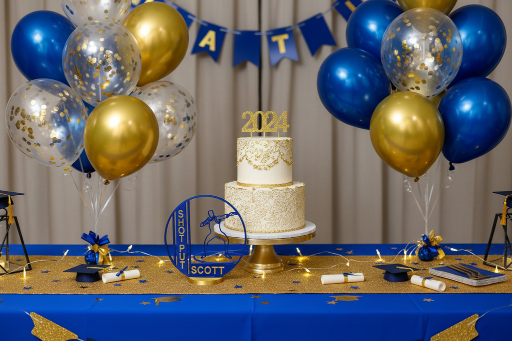Graduation party cake table blue and gold with shot put award