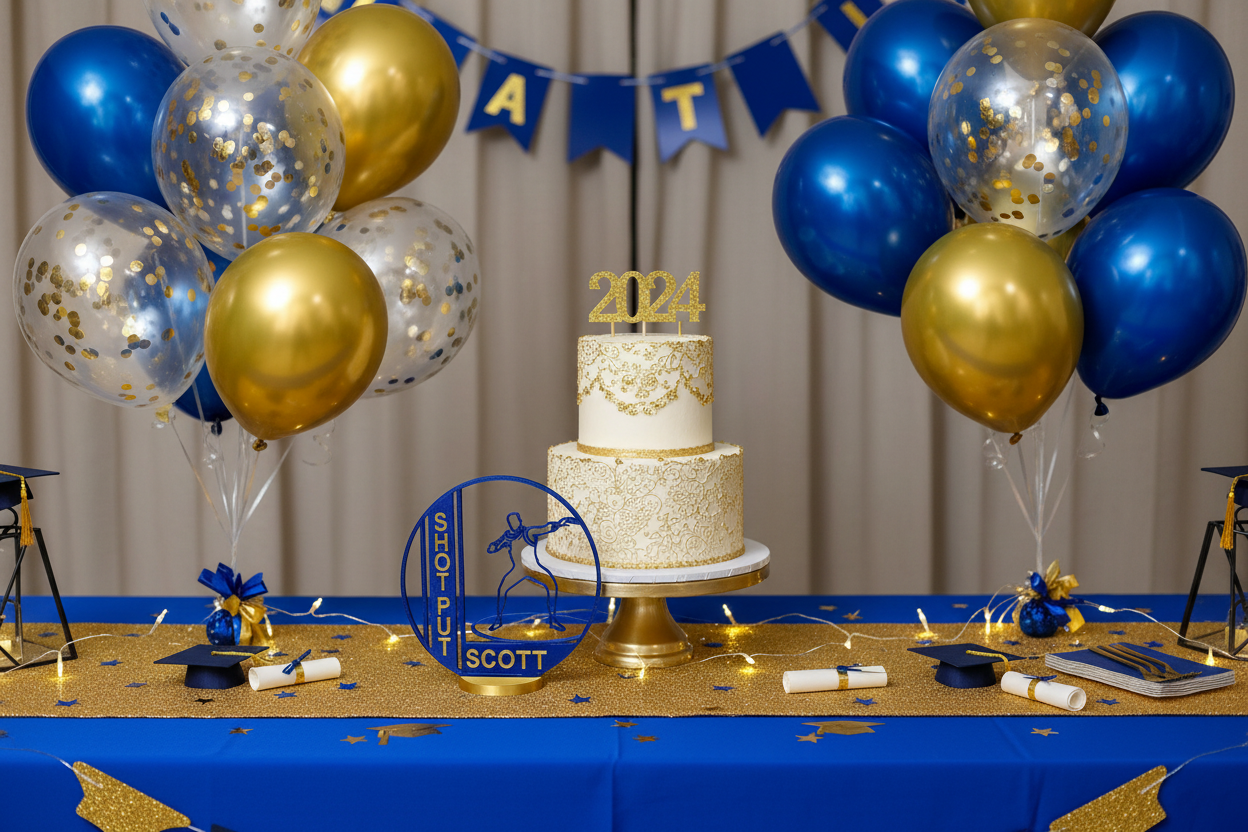 Graduation party cake table blue and gold with shot put award