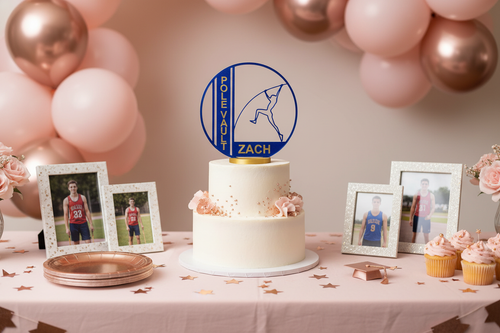 Graduation party cake table blush pink and rose gold with javelin award