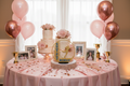 Graduation party cake table blush pink and rose gold with Michelle shot put award