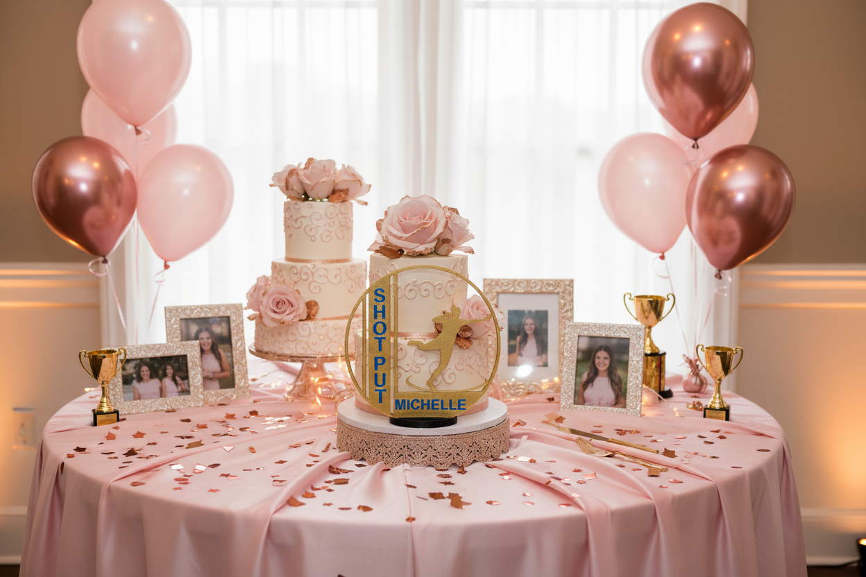 Graduation party cake table blush pink and rose gold with Michelle shot put award