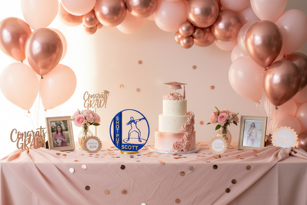 Graduation party cake table blush pink and rose gold with shot put award