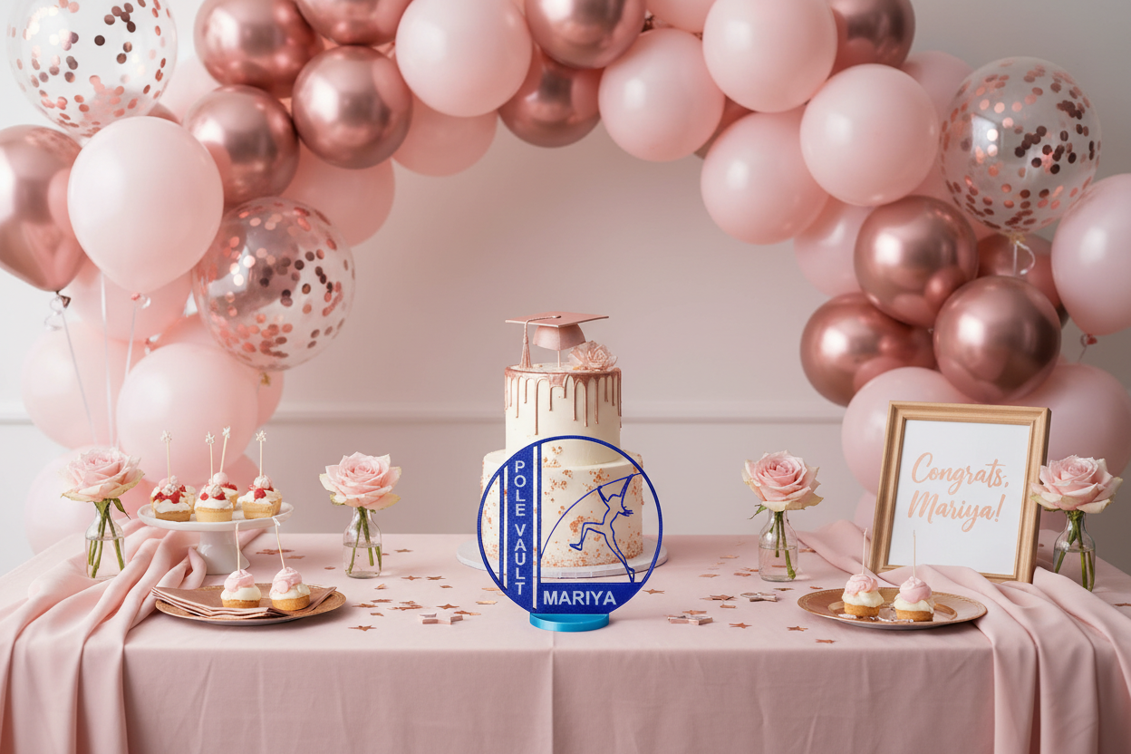 Graduation party cake table blush pink and rose gold