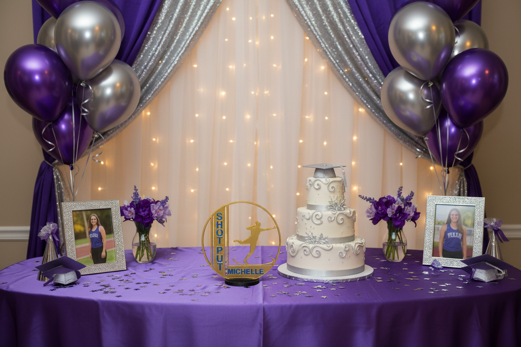 Graduation party cake table purple and silver with Michelle shot put award