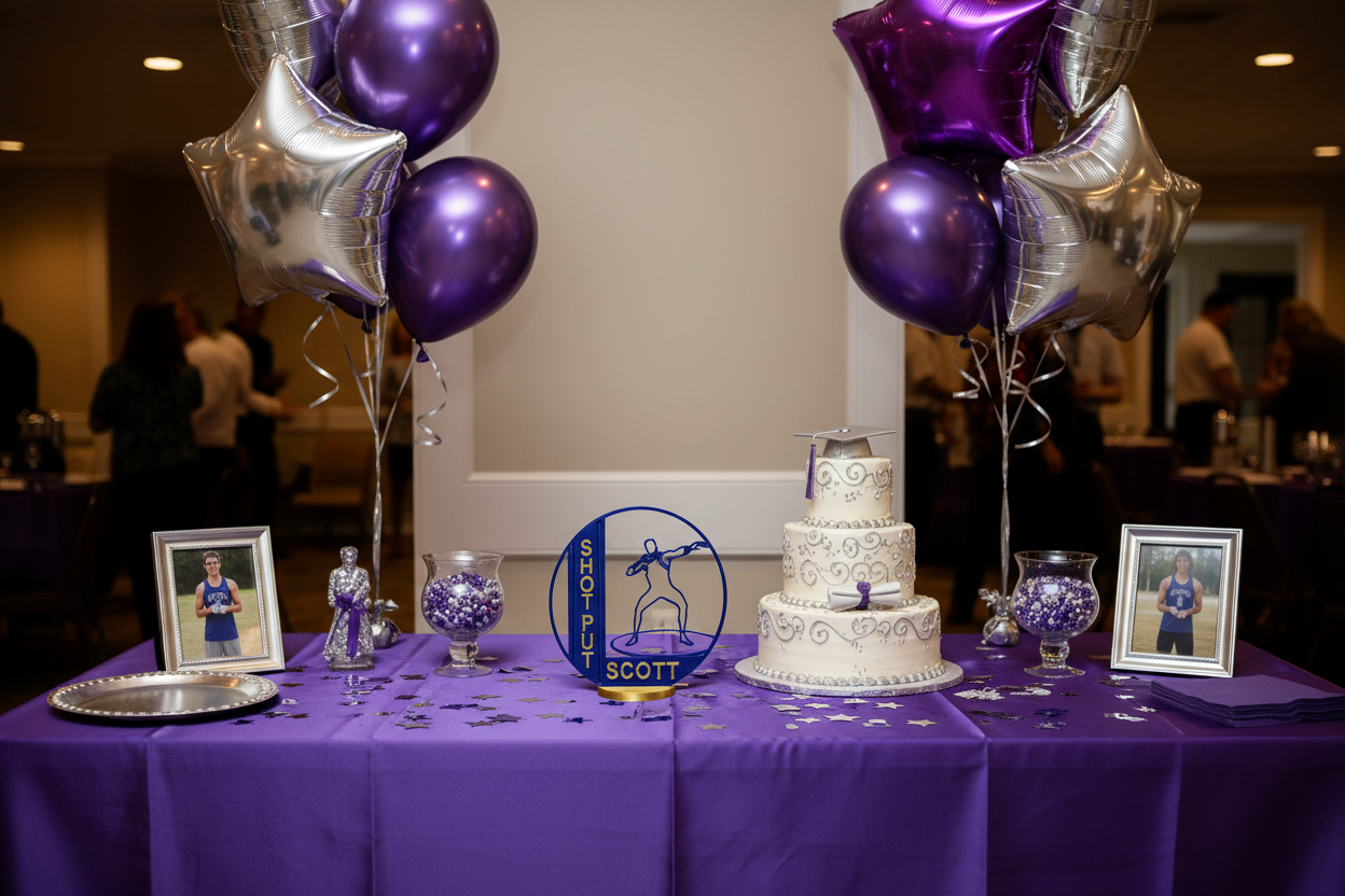 Graduation party cake table purple and silver with shot put award