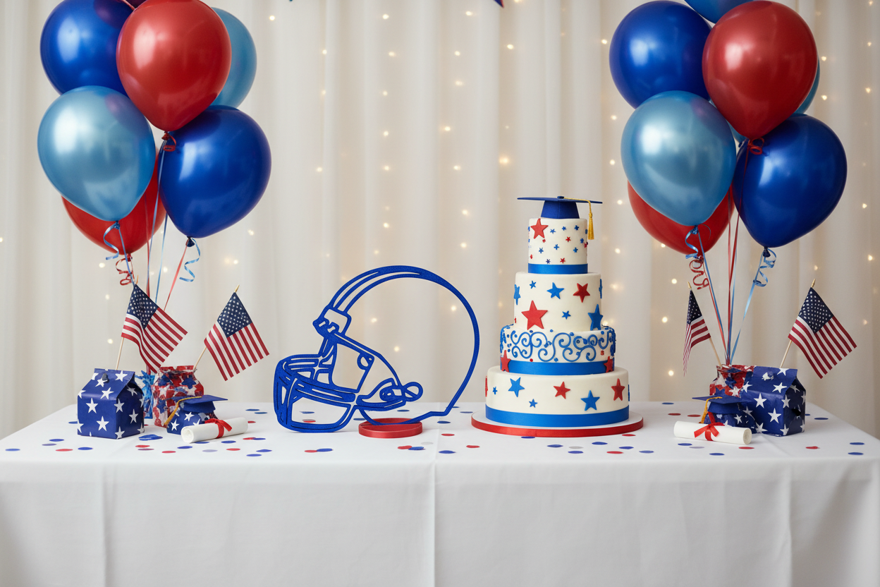 Graduation party cake table with blue and red football helmet