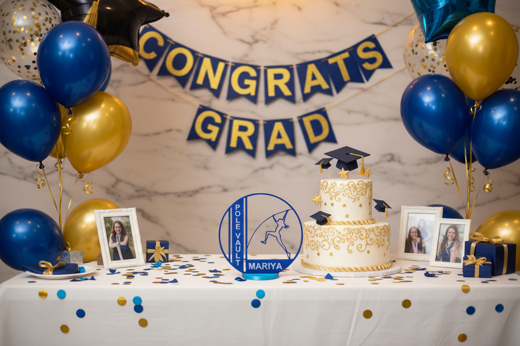 Graduation party cake table with pole vault award