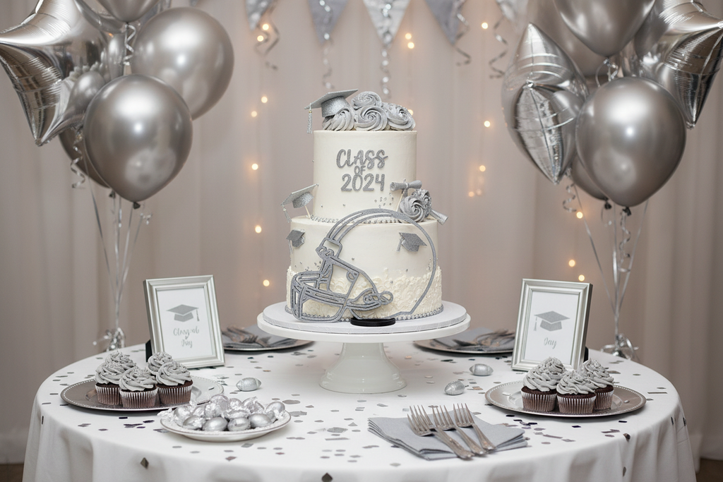 Silver Football helmet used on Graduation Party Table centerpiece display