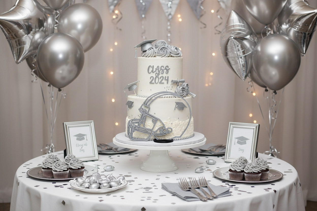Silver Football helmet used on Graduation Party Table centerpiece display