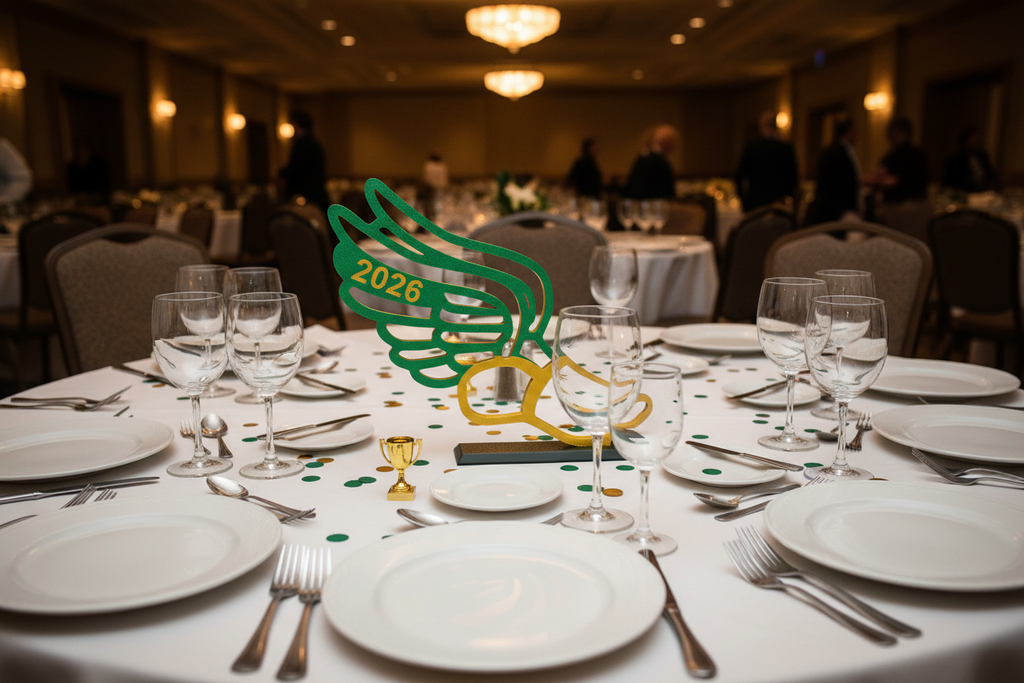 Green and gold track shoe on banquet table