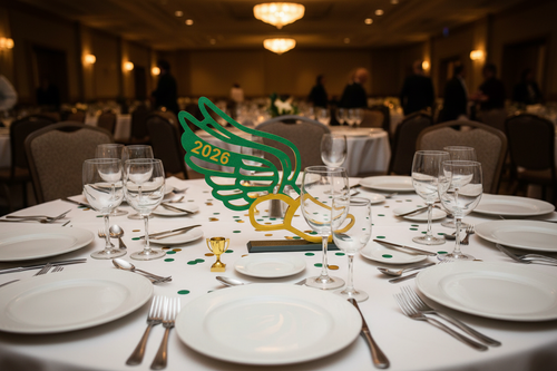 Green and gold track shoe on banquet table
