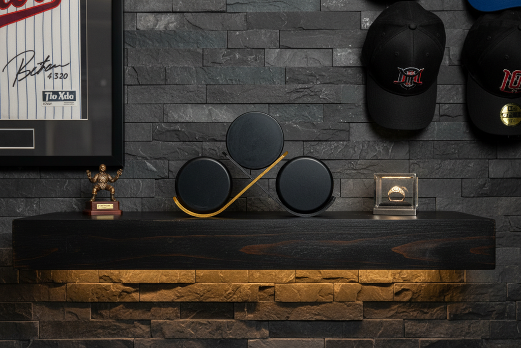 Hockey puck holder on man cave shelf