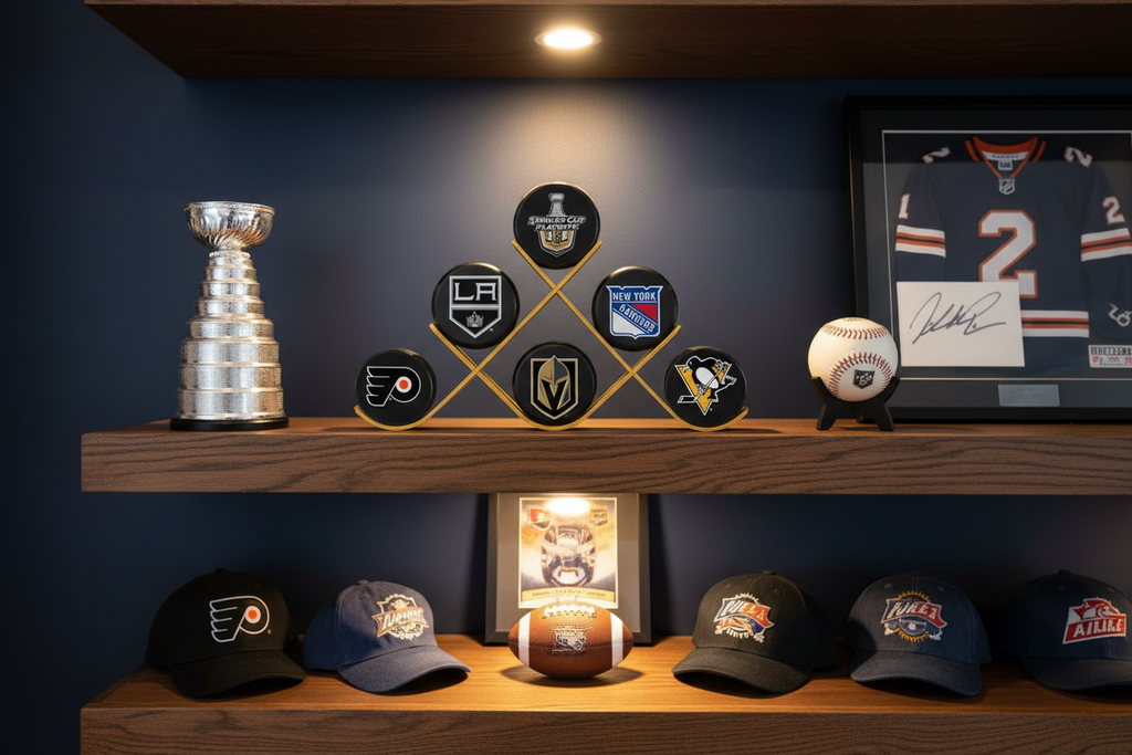 NHL hockey puck display on man cave shelf