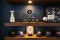 NHL hockey puck display on man cave shelf