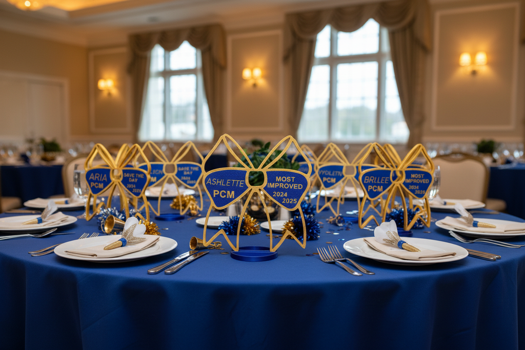 Personalized cheer bow awards on banquet table