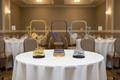 Pickleball trophies on round banquet table