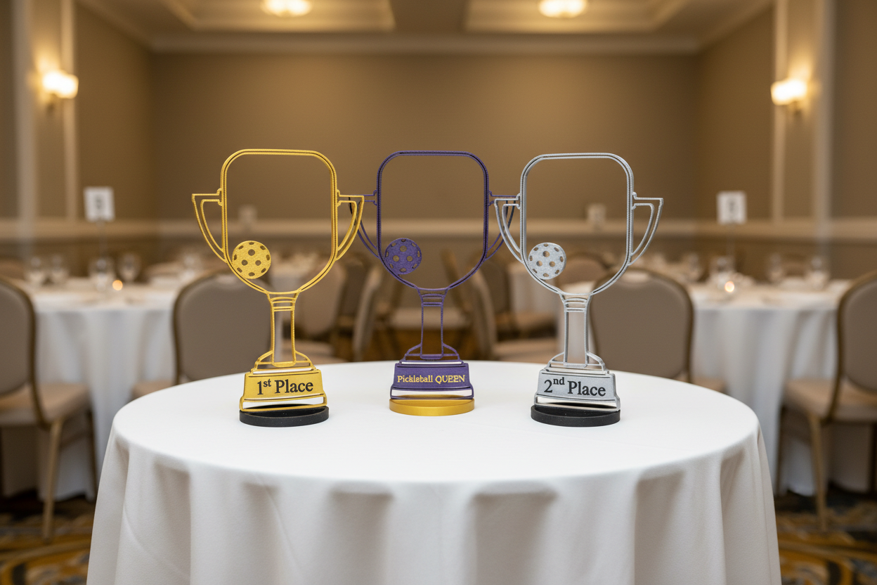 Pickleball trophies on round banquet table