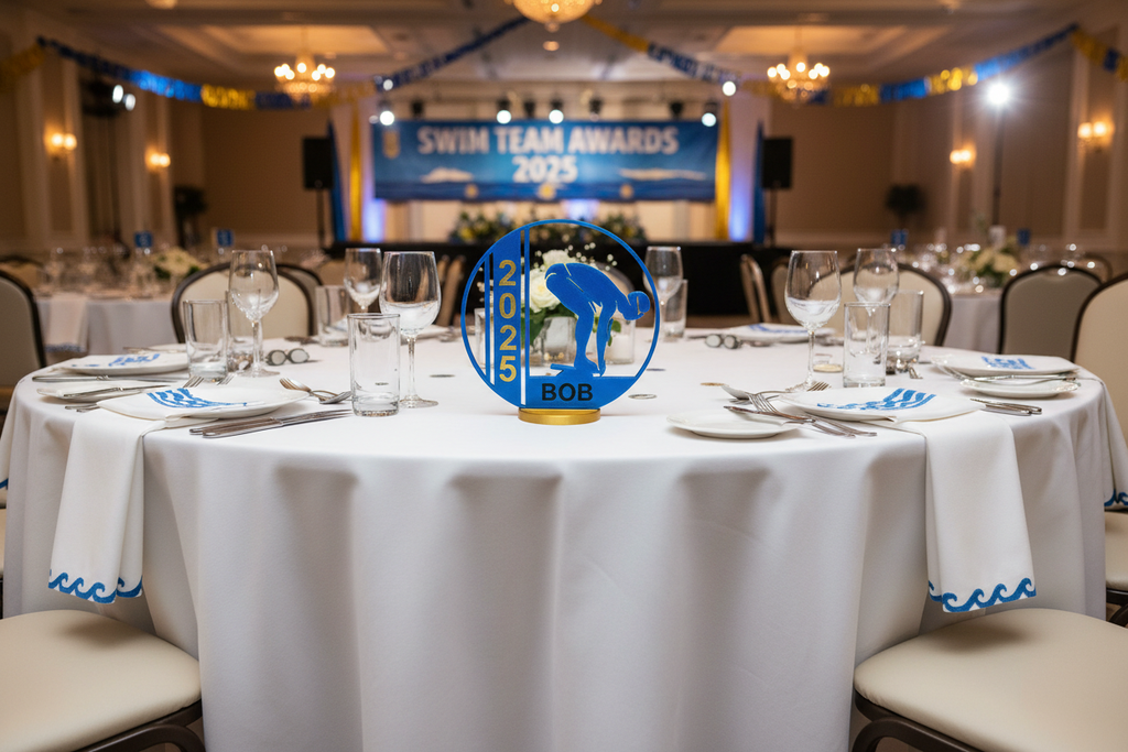 Swimming award on white tablecloth banquet table