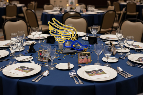 Track shoe centerpiece on banquet table